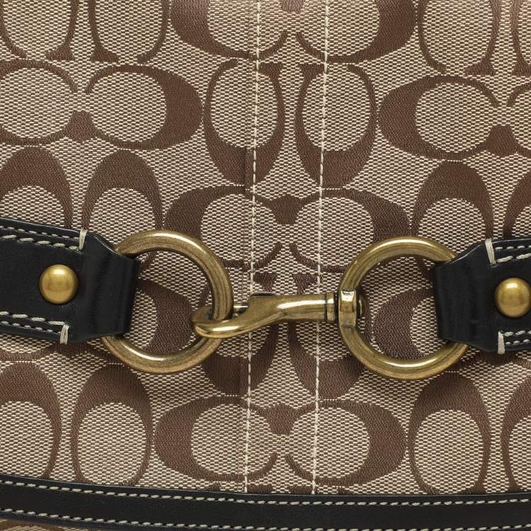 Pre Owned Coach Beige/Black Canvas and Leather Baguette Shoulder Bag