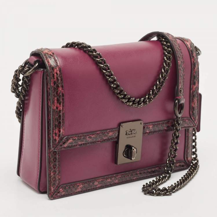 Pre Owned Coach Burgundy Leather and Snakeskin Trim Hutton Shoulder Bag