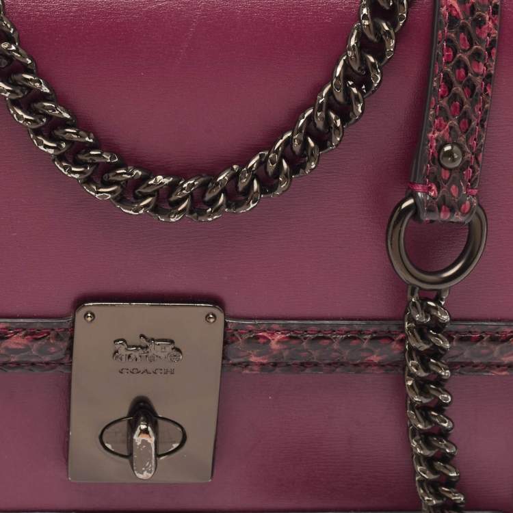 Pre Owned Coach Burgundy Leather and Snakeskin Trim Hutton Shoulder Bag