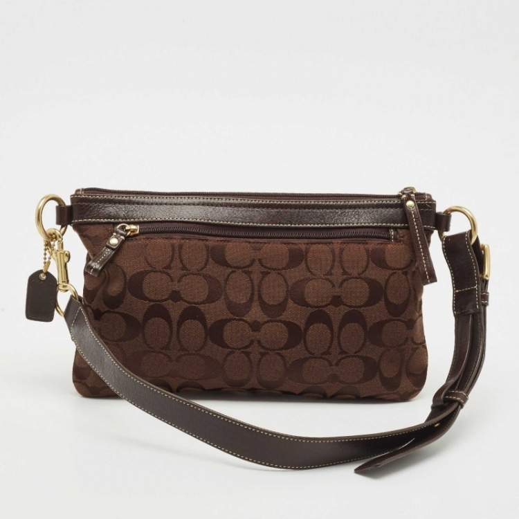 Pre Owned Coach Dark Brown Signature Canvas Double Pocket Waist Bag