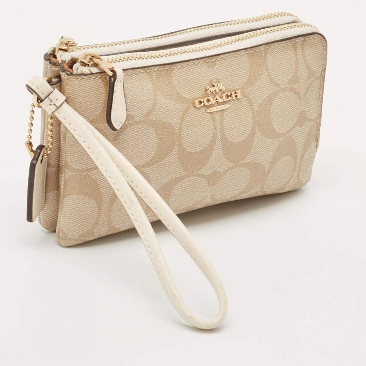 Pre Owned Coach Beige Signature Coated Canvas Double Corner Zip Wristlet Pouch