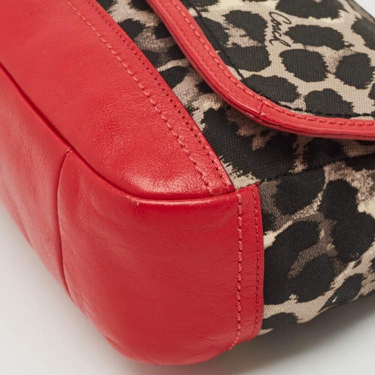 Pre Owned Coach Red/Black Leopard Print Fabric and Leather Park Ocelot Crossbody Bag