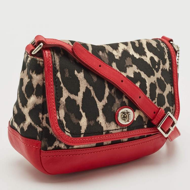 Pre Owned Coach Red/Black Leopard Print Fabric and Leather Park Ocelot Crossbody Bag