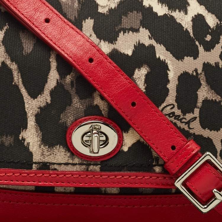 Pre Owned Coach Red/Black Leopard Print Fabric and Leather Park Ocelot Crossbody Bag