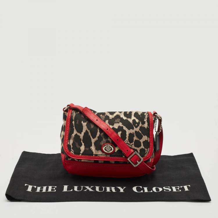 Pre Owned Coach Red/Black Leopard Print Fabric and Leather Park Ocelot Crossbody Bag