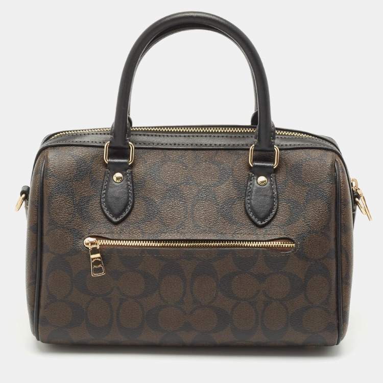 Pre Owned Coach Black/Brown Signature Coated Canvas and Leather Rowan Boston Bag