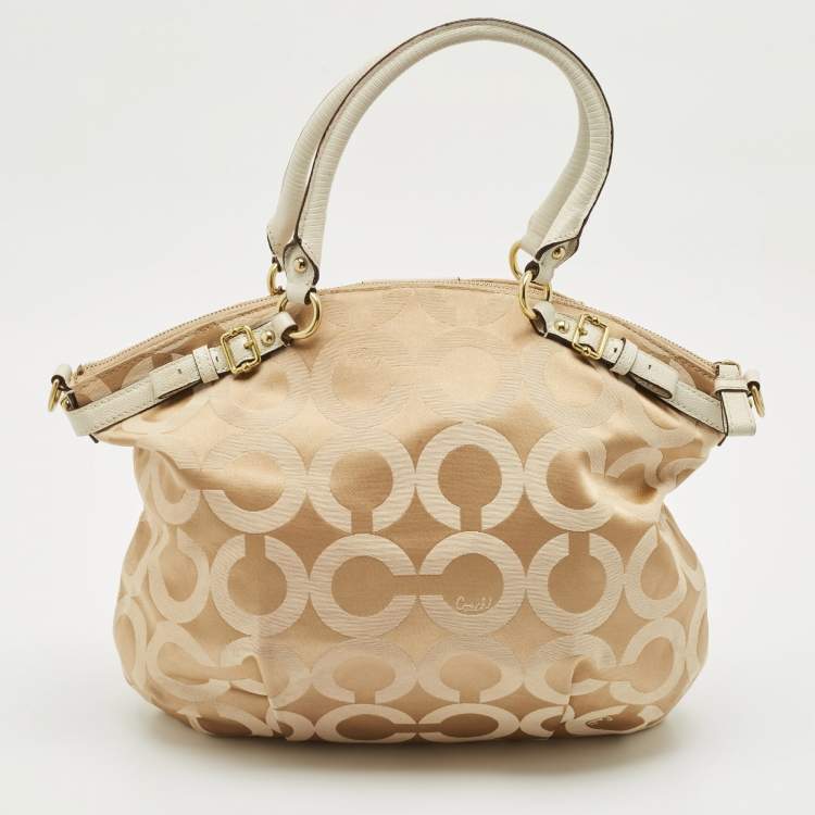 Pre Owned Coach White/Beige Signature Canvas Sophia Madison Tote