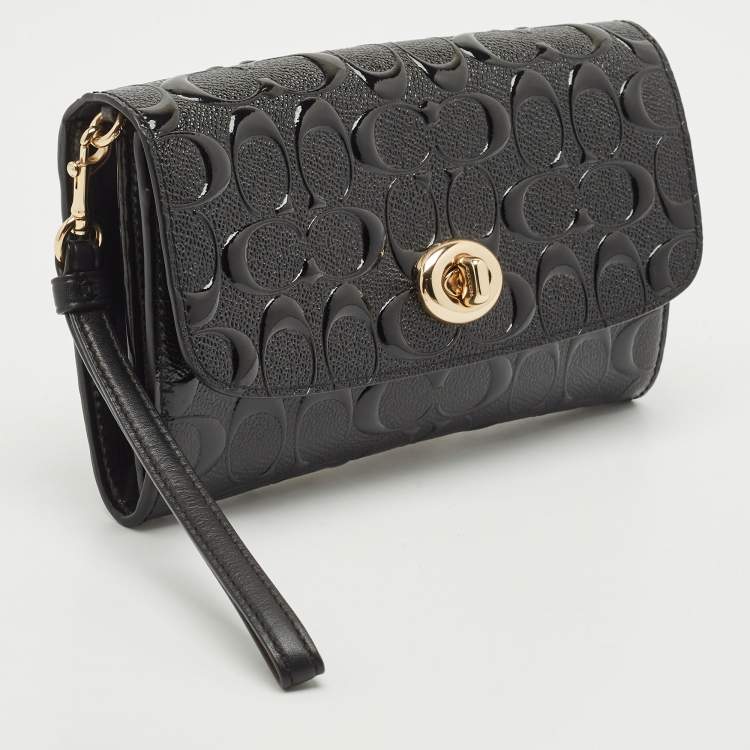 Pre Owned Coach Black Signature Embossed Patent Leather Chain Crossbody Bag