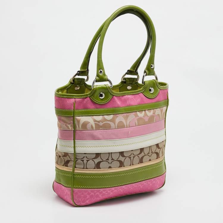 Pre Owned Coach Multicolor Signature Striped Canvas and Leather Tote