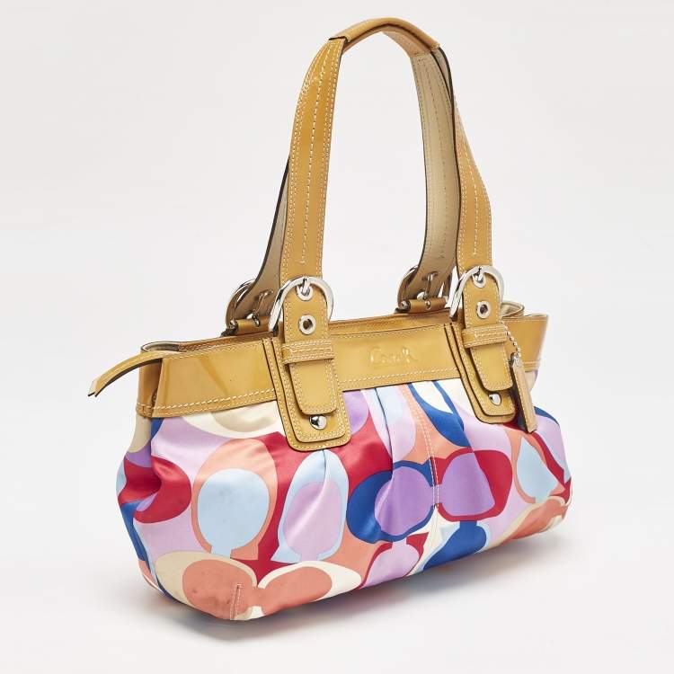 Pre Owned Coach Multicolor Op Art Scarf Print Satin and Patent Leather Soho Tote