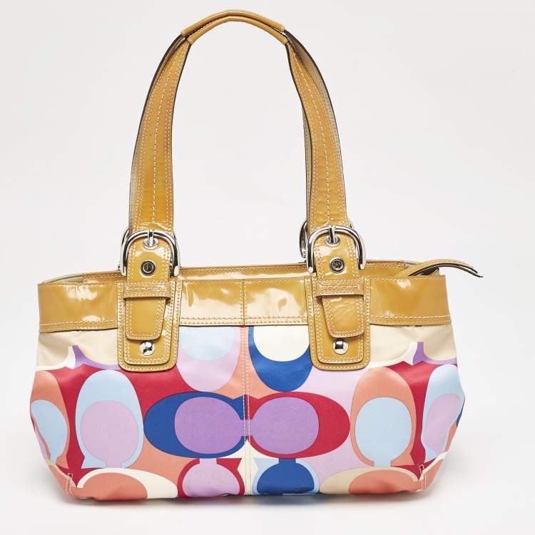 Pre Owned Coach Multicolor Op Art Scarf Print Satin and Patent Leather Soho Tote