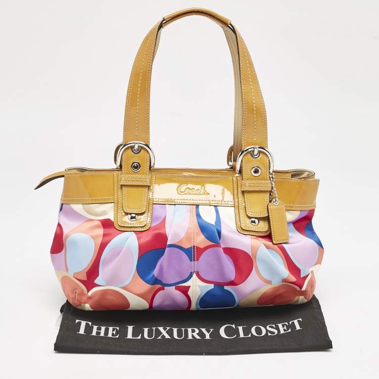 Pre Owned Coach Multicolor Op Art Scarf Print Satin and Patent Leather Soho Tote