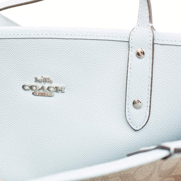 Pre Owned Coach Brown/Light Blue Signature Coated Canvas Reversible City Tote