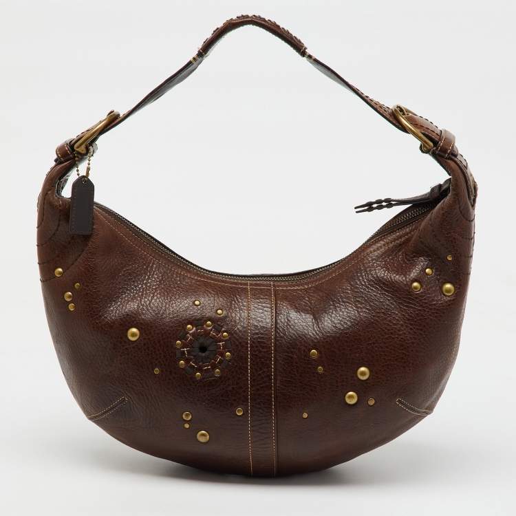 مملوكة مسبقًا Coach Dark Brown Leather Studded Embellished Hobo