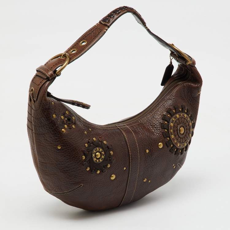 مملوكة مسبقًا Coach Dark Brown Leather Studded Embellished Hobo