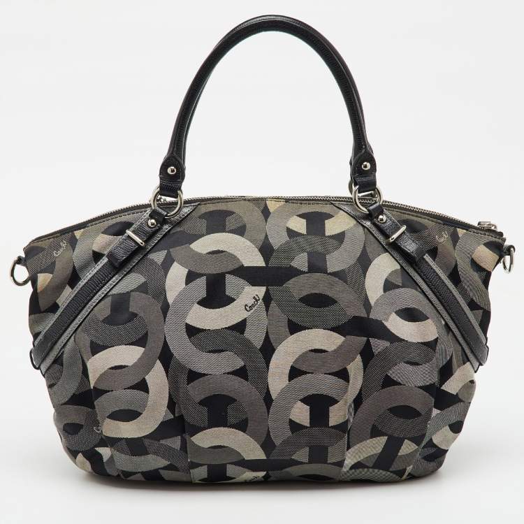 Pre Owned Coach Grey/Black Op Art Canvas and Leather Madison Satchel