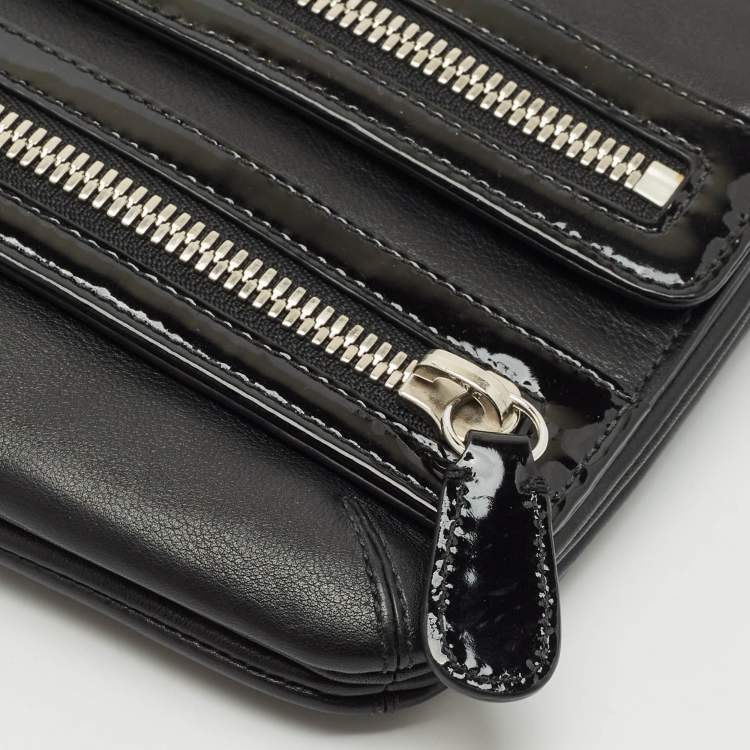 Pre Owned Coach Black Leather and Patent Leather Double Zip Long Clutch