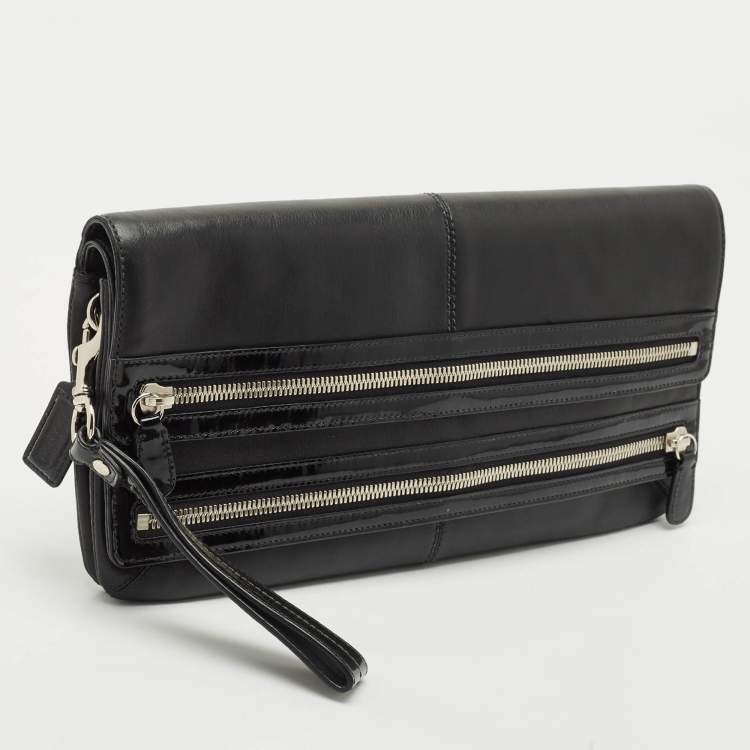 Pre Owned Coach Black Leather and Patent Leather Double Zip Long Clutch