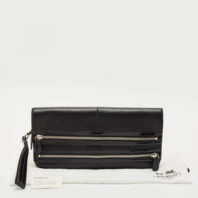 Pre Owned Coach Black Leather and Patent Leather Double Zip Long Clutch