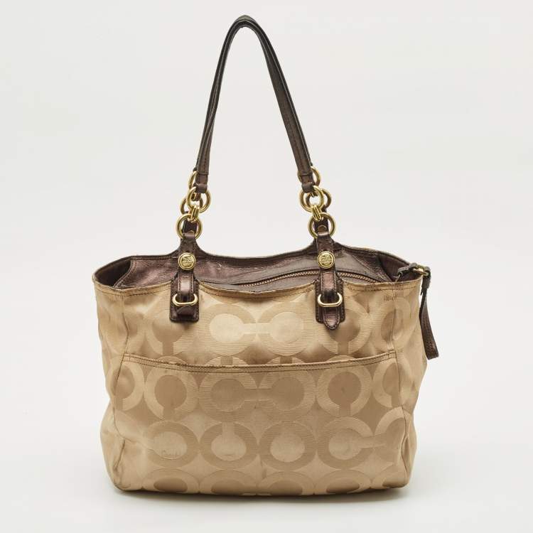 Pre Owned Coach Beige/Brown Signature OP Art Fabric and Leather Carryall Shoulder Bag