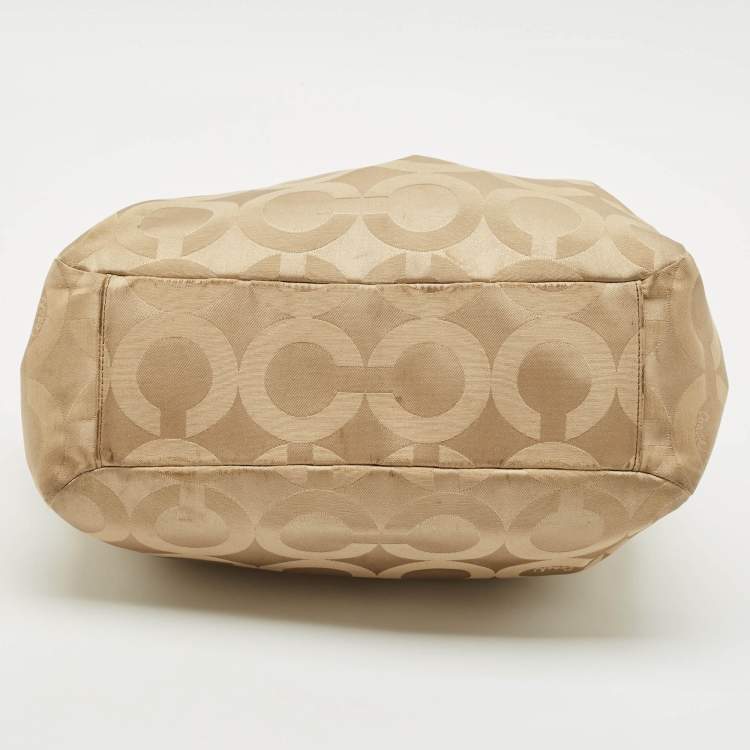 Pre Owned Coach Beige/Brown Signature OP Art Fabric and Leather Carryall Shoulder Bag