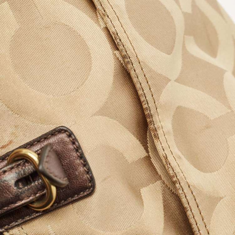 Pre Owned Coach Beige/Brown Signature OP Art Fabric and Leather Carryall Shoulder Bag
