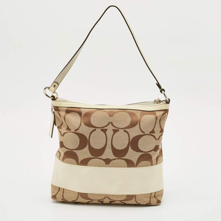 Pre Owned Coach Beige/White Signature Canvas and Leather Messenger Bag