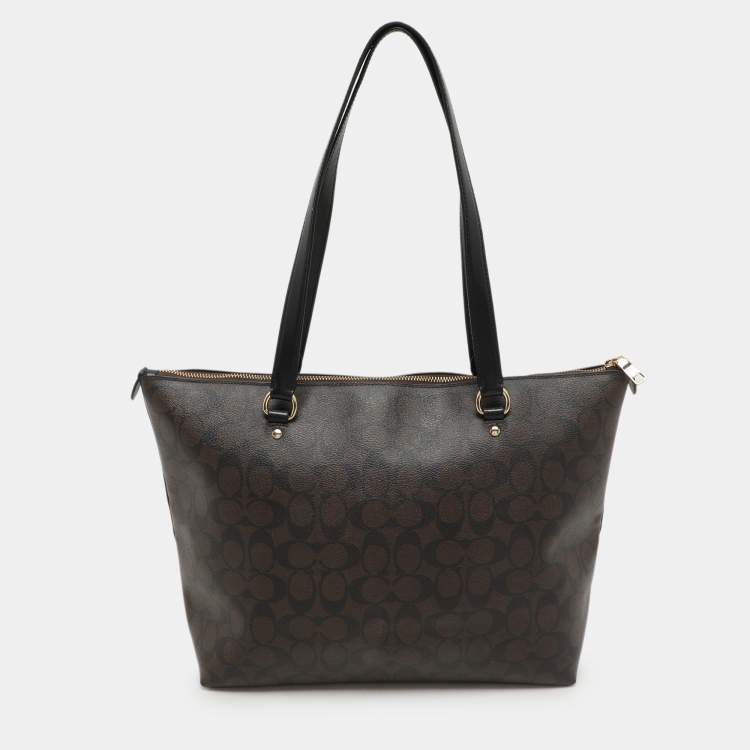 Pre Owned Coach Black/Brown Signature Coated Canvas and Leather Gallery Tote
