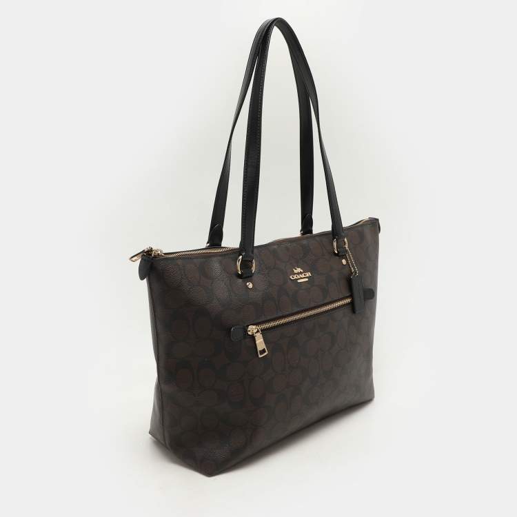 Pre Owned Coach Black/Brown Signature Coated Canvas and Leather Gallery Tote