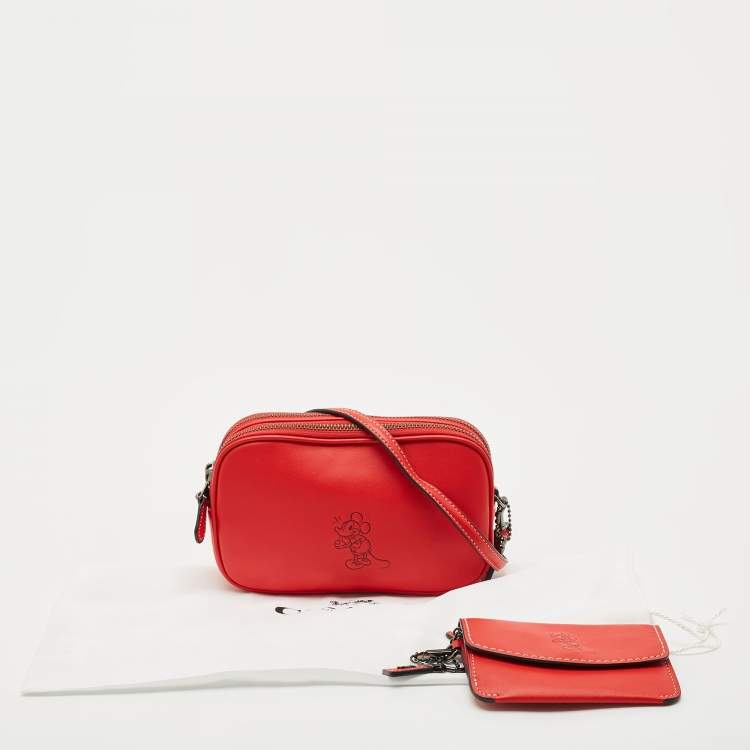 Pre Owned Coach x Disney Mickey Red Leather Double Zip Crossbody Bag