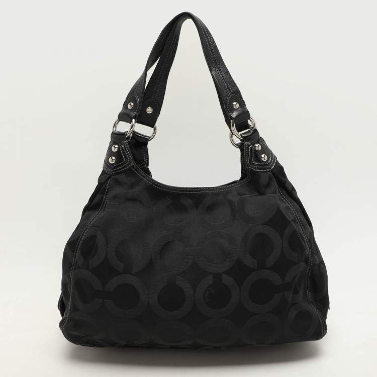 مملوكة مسبقًا Coach Black Signature Canvas and Leather Op Art Madison Hobo