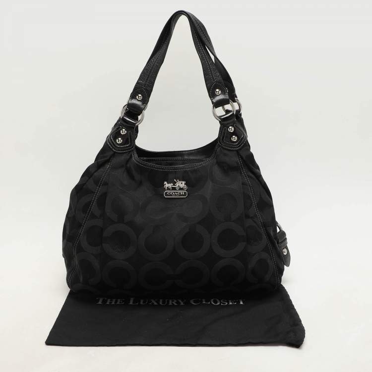 مملوكة مسبقًا Coach Black Signature Canvas and Leather Op Art Madison Hobo