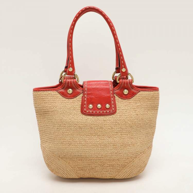 Pre Owned Coach Beige/Burnt Orange Raffia and Leather Buckle Flap Tote