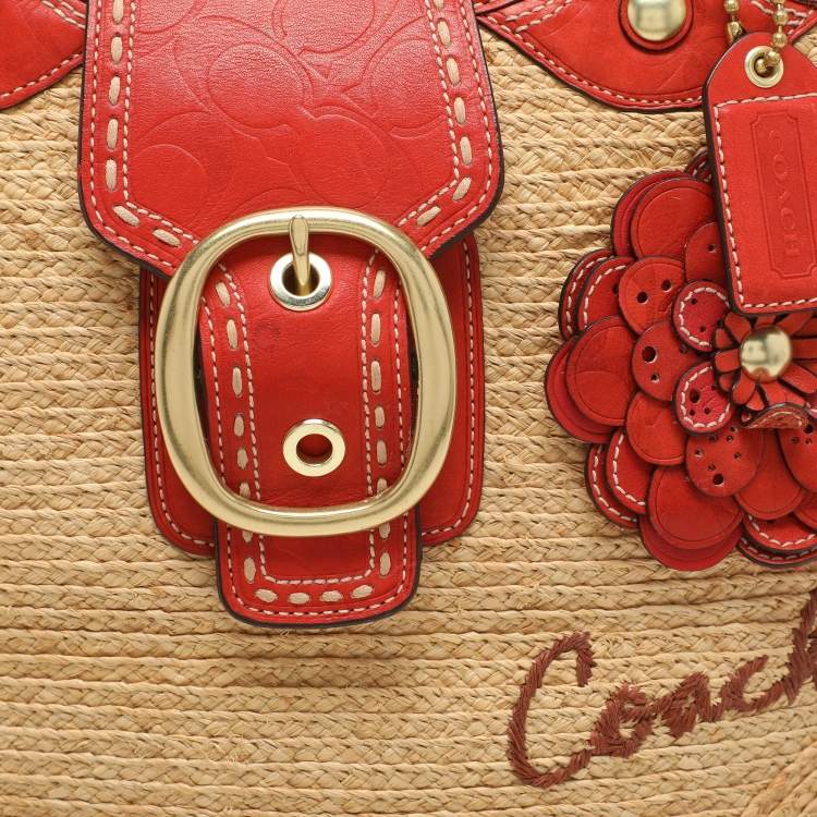 Pre Owned Coach Beige/Burnt Orange Raffia and Leather Buckle Flap Tote