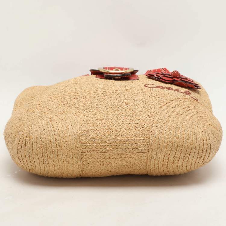 Pre Owned Coach Beige/Burnt Orange Raffia and Leather Buckle Flap Tote