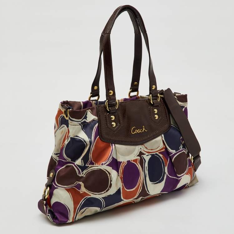 Pre Owned Coach Multicolor Ashley Logo Scarf Print Satin and Patent Leather Tote