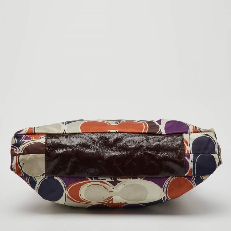 Pre Owned Coach Multicolor Ashley Logo Scarf Print Satin and Patent Leather Tote