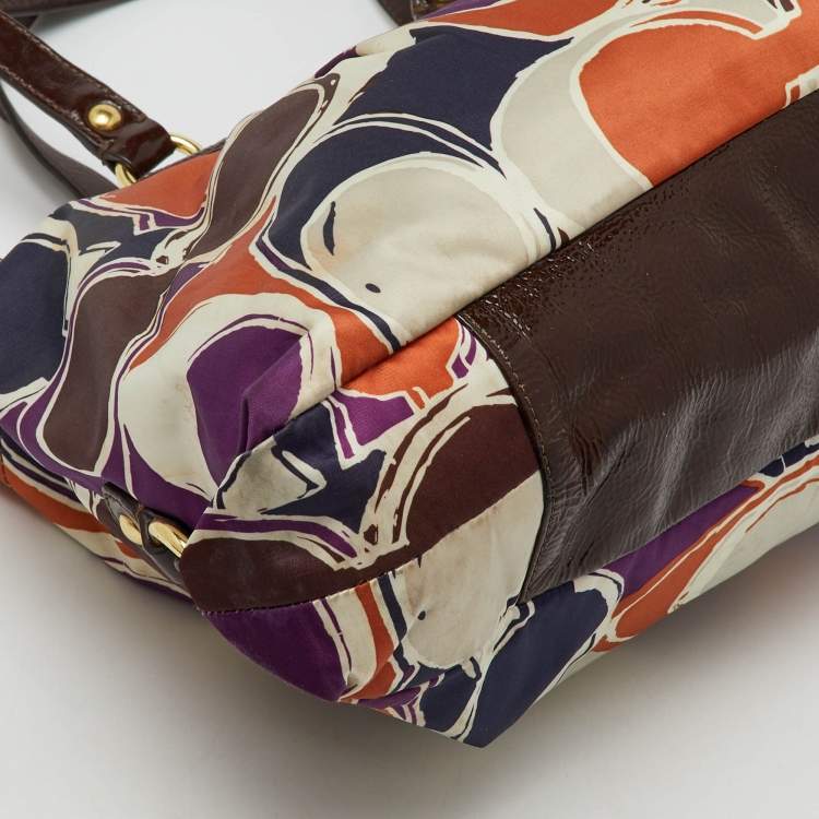 Pre Owned Coach Multicolor Ashley Logo Scarf Print Satin and Patent Leather Tote