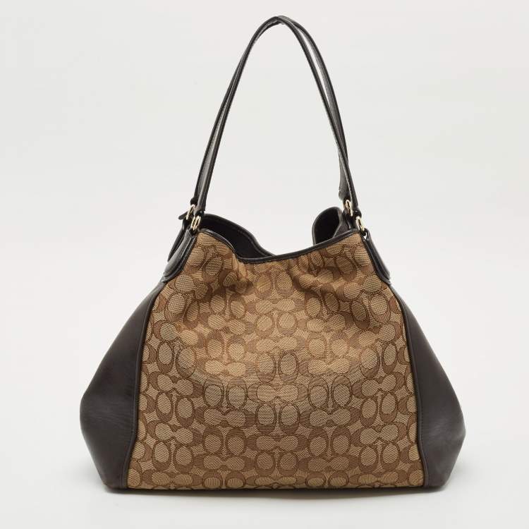 Pre Owned Coach Choco Brown/Beige Signature Canvas Edie Shoulder Bag