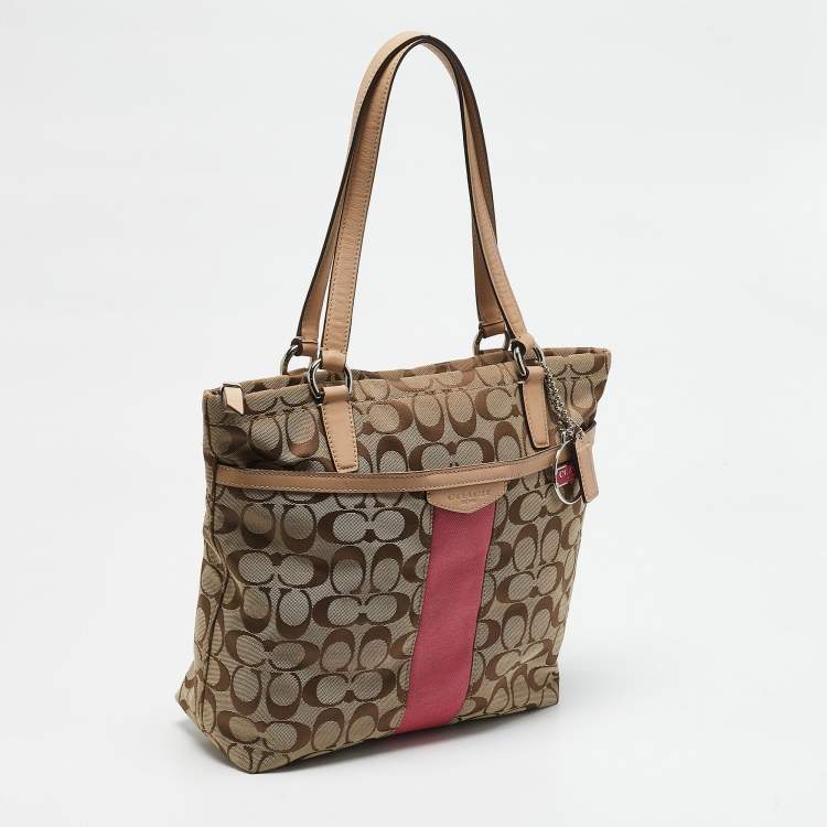 Pre Owned Coach Beige Signature Canvas and Leather Top Zip Tote 
