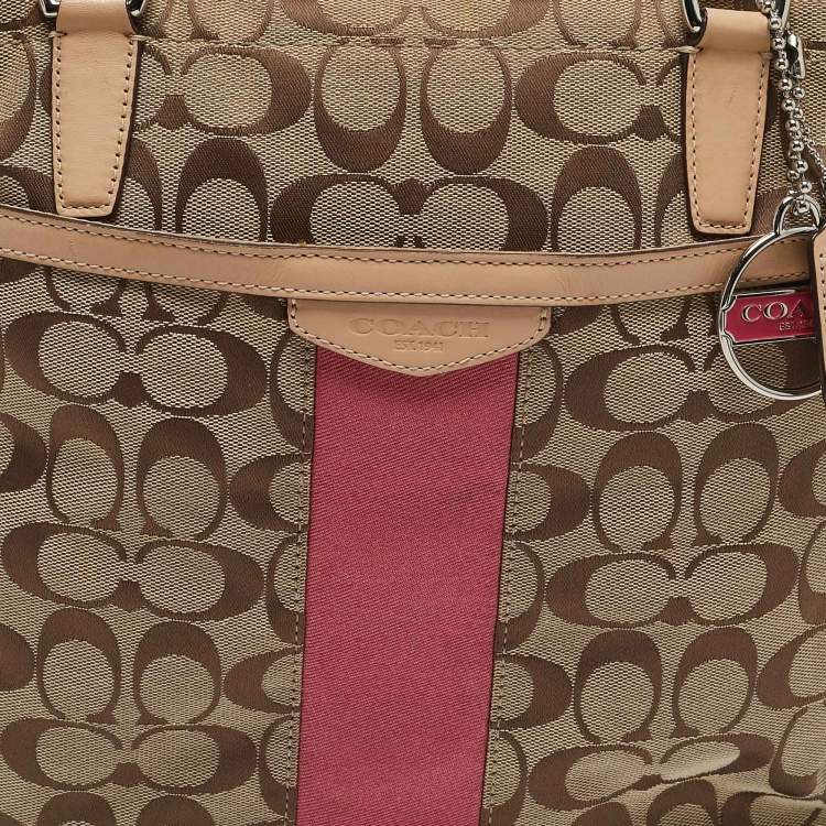 Pre Owned Coach Beige Signature Canvas and Leather Top Zip Tote 