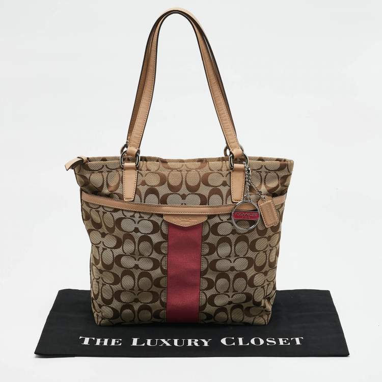 Pre Owned Coach Beige Signature Canvas and Leather Top Zip Tote 