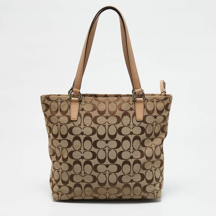 Pre Owned Coach Beige Signature Canvas and Leather Top Zip Tote 
