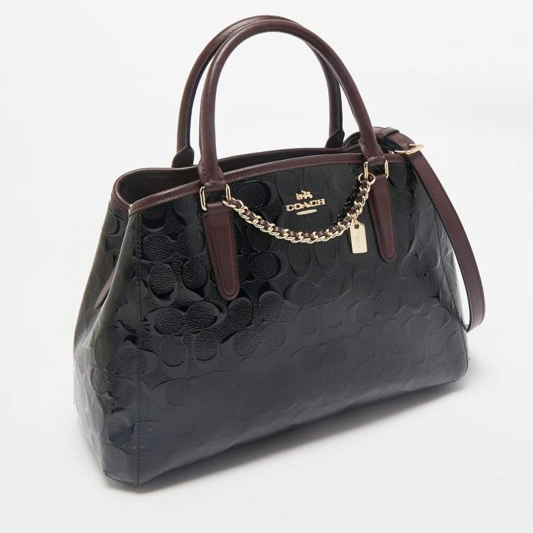 Pre Owned Coach Black/Burgundy Signature Embossed Patent Leather Margot Satchel