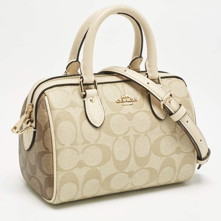 Pre Owned Coach Beige Signature Coated Canvas and Leather Mini Rowan Satchel