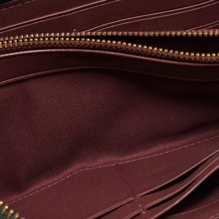 Pre Owned Coach Dark Green Leather Accordion Zip Around Wallet