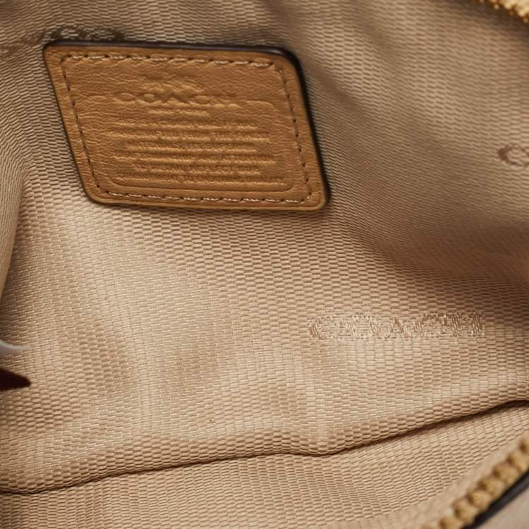 Pre Owned Coach Beige Leather Zip Wristlet Pouch