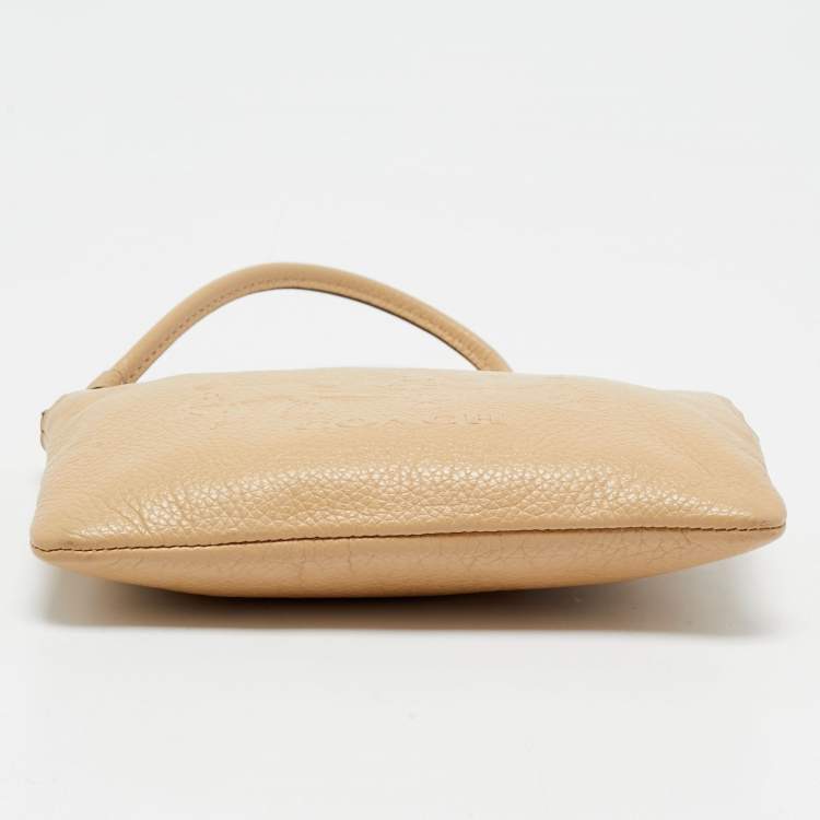 Pre Owned Coach Beige Leather Zip Wristlet Pouch
