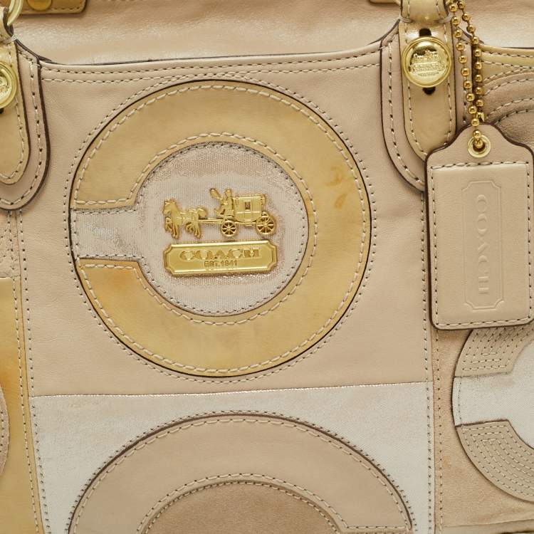 Pre Owned Coach Beige Mix Leather Mia Inlaid C Tote
