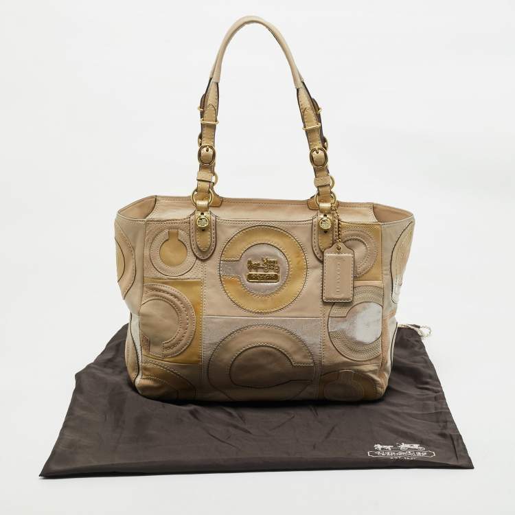 Pre Owned Coach Beige Mix Leather Mia Inlaid C Tote